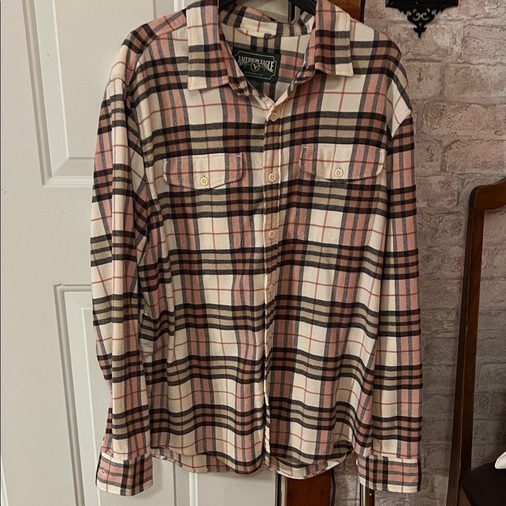 American Eagle Outfitters Plaid Button Down Shirt - Pink, Brown, Cream